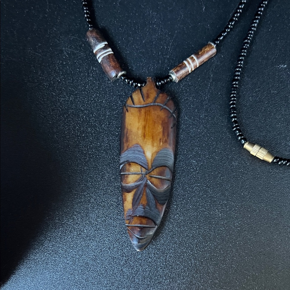 Hand Carved African Tribal Mask Pendant Necklace